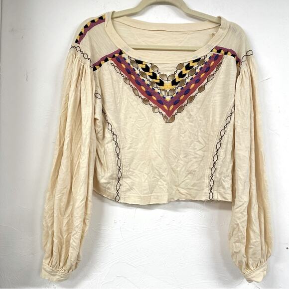 Free People Cream Embroidered Boho Cropped Balloon Sleeve Blouse Womens S Fall - Picture 1 of 7